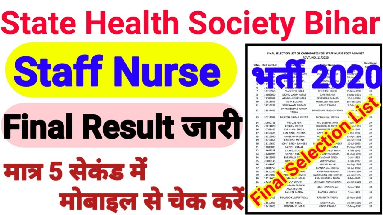 SHSB Bihar Staff Nurse Final Merit List 2020 || State Health Society Bihar Staff Nurse Final Result