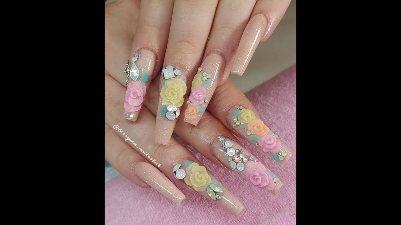 Extra Long Acrylic Nails with 3D Flowers