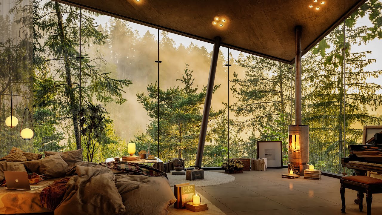 🌤️ Early Morning Bedroom in Forest with  Slow Piano Jazz Music ☕ - Relaxing Jazz for Work , Study