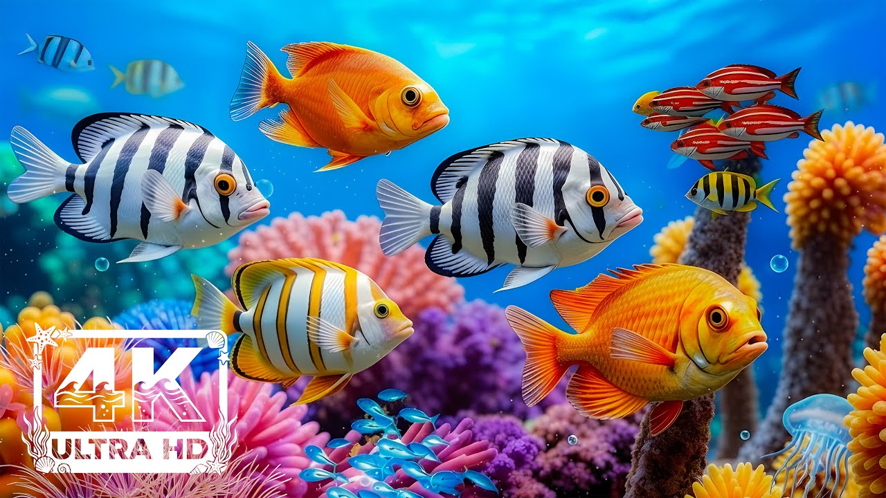 Aquatic Ocean 4K - Colorful Corall Fish & Sea Animals - Calm Piano Vibes