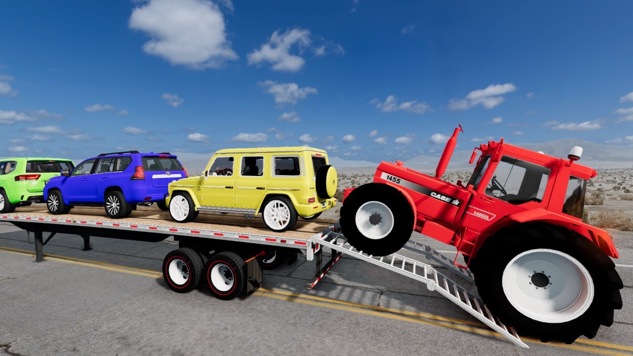 TRANSPORTING PIXAR CARS & FRUITS WITH COLORED & JOHN DEERE vs CLAAS vs TRACTORS - BeamNG.drive #983