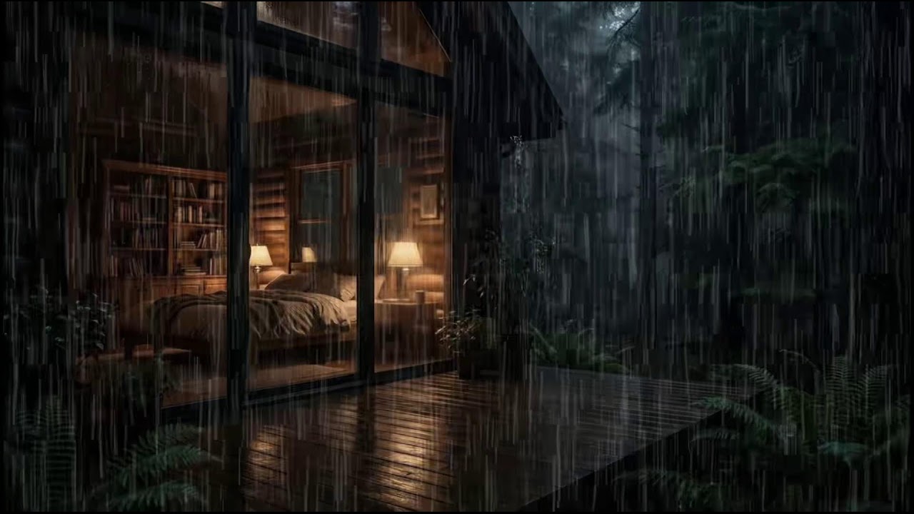 Nighttime Forest Cabin 🌲 | Relaxing rain ambience as soft rain surrounds the peaceful woods