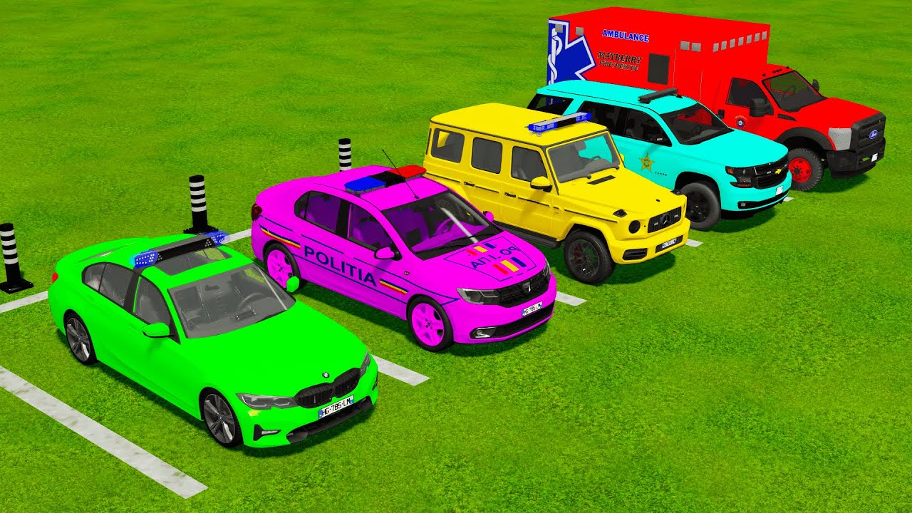 TRANSPORTING POLICE CARS, BMW, DACIA, MERCEDES, TAHOE, AMBULANCE ENGINE WITH MAN TRUCK
