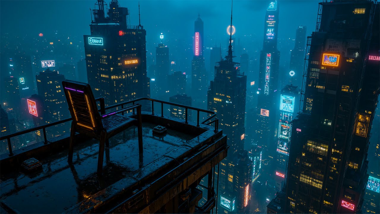 Cyberpunk Rooftop in the Rain 🌧️ Neon City Night Ambience | Relaxing Escape | 4K