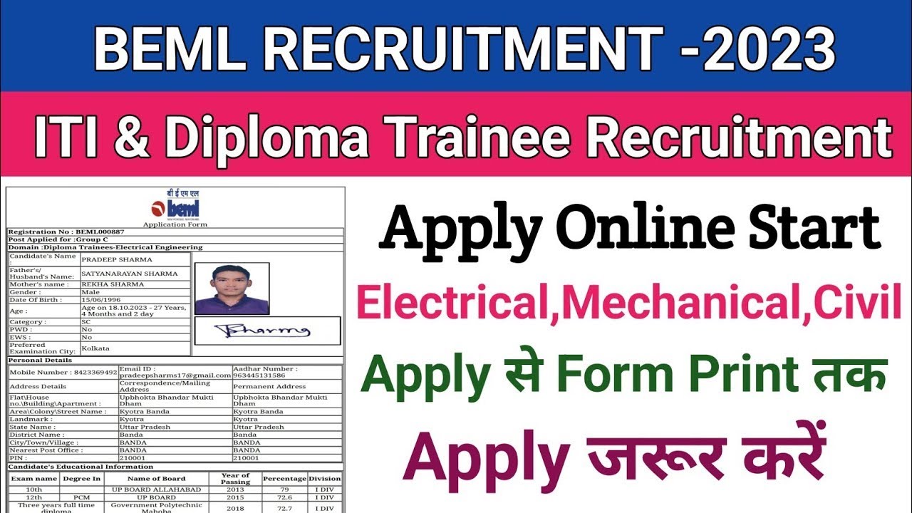 BEML Apply Online Start||BEML Vacancy 2023||BEML Form kaise bhare| |ITI&Diploma Trainee Apply Start