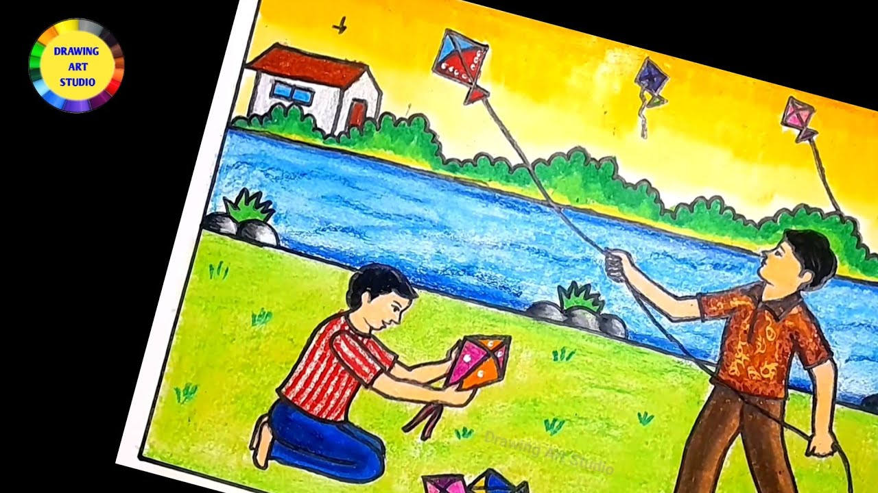 Makar Sankranti Drawing | Kite Festival Drawing | Kite Flying Drawing | Uttarayan Drawing