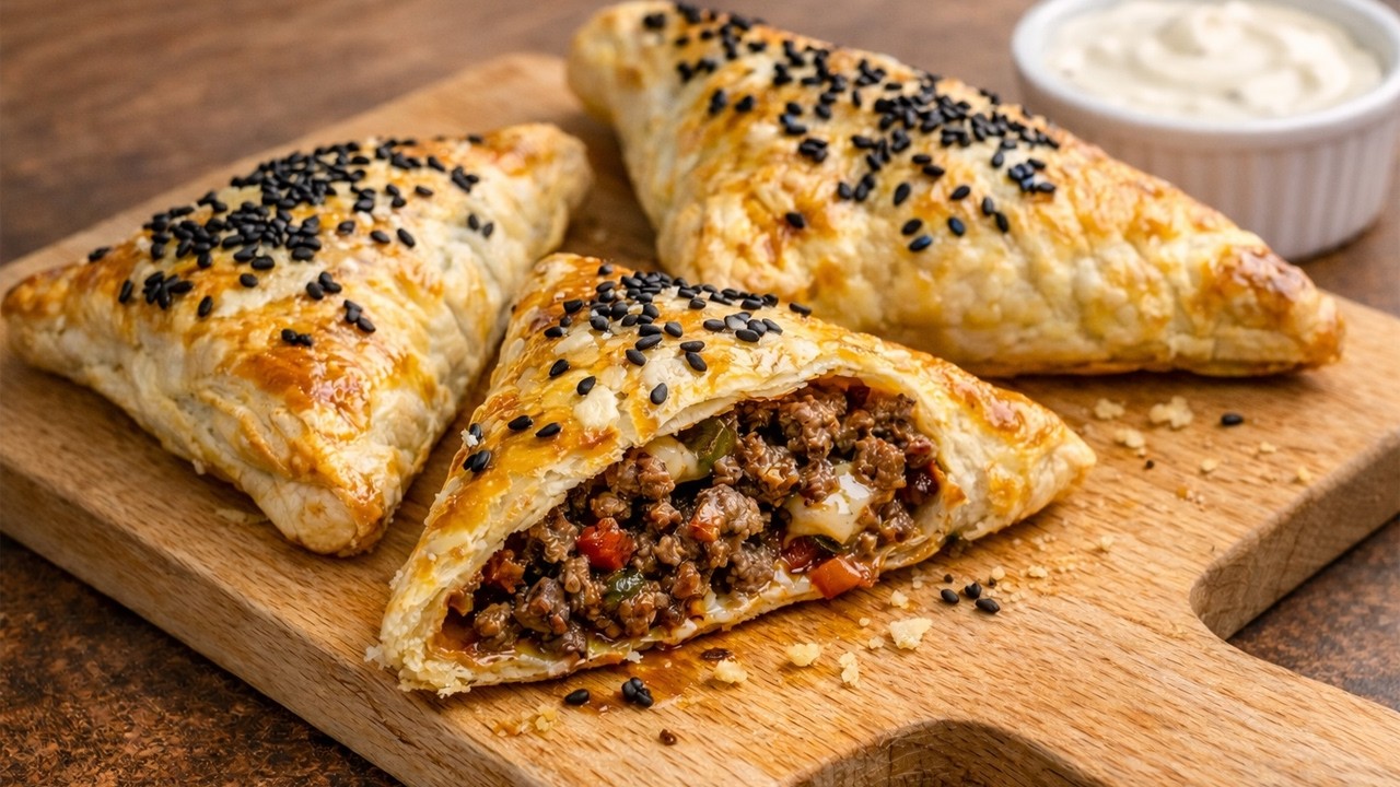Do you have puff pastry & minced beef? Crispy beef pastry triangles in 5 minutes! 🔥
