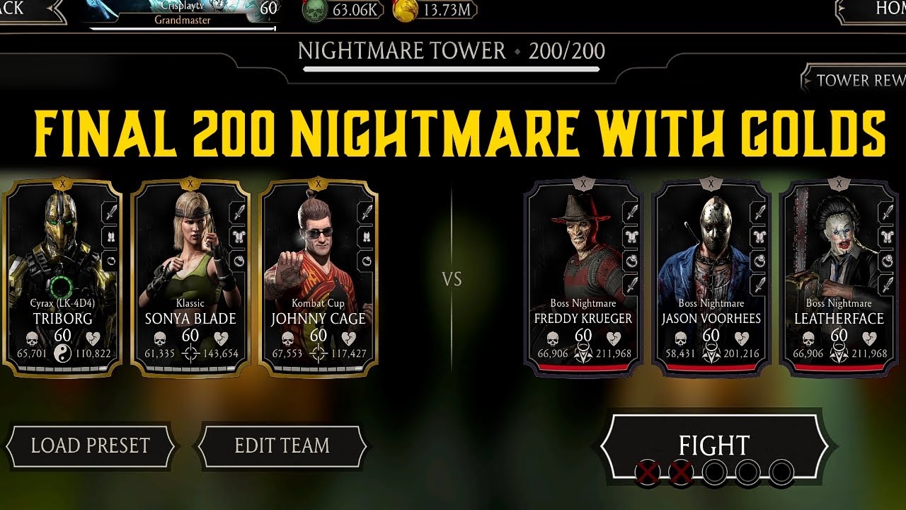 Match 200 Final Nightmare Tower With Golds. MK Mobile