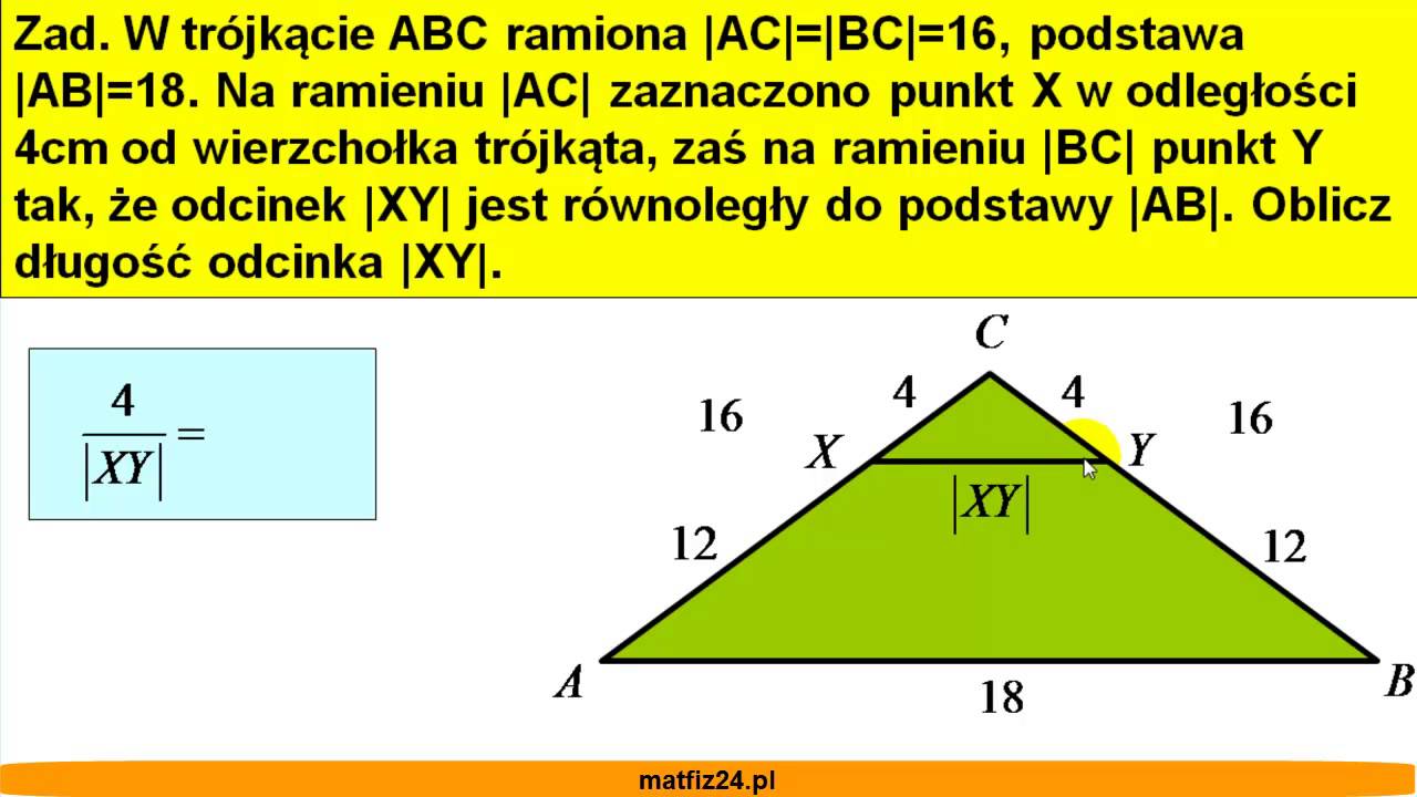 Oblicz długość odcinka |XY| - Podobieństwo trójkątów - Zadanie - Matfiz24.pl