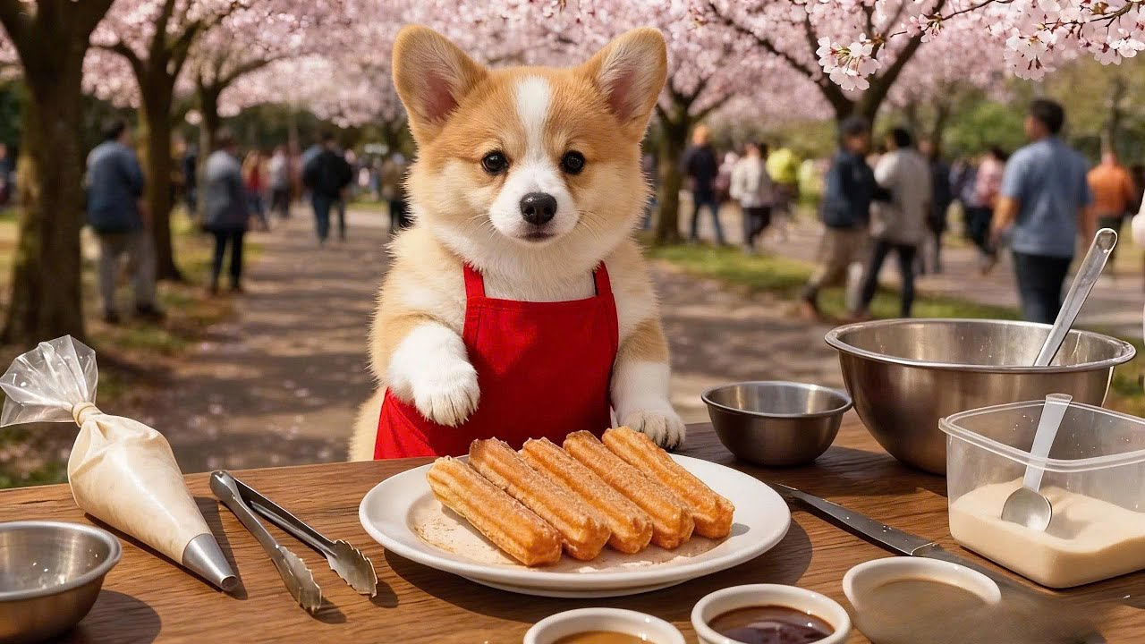 A Cute Corgi Cooking Churros Under Cherry Blossoms 🌸🐾🍩
