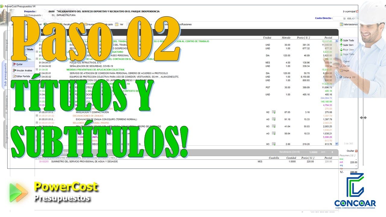 TUTORIAL POWERCOST(CAMILO)| T&iacute;tulos y subt&iacute;tulos del presupuesto