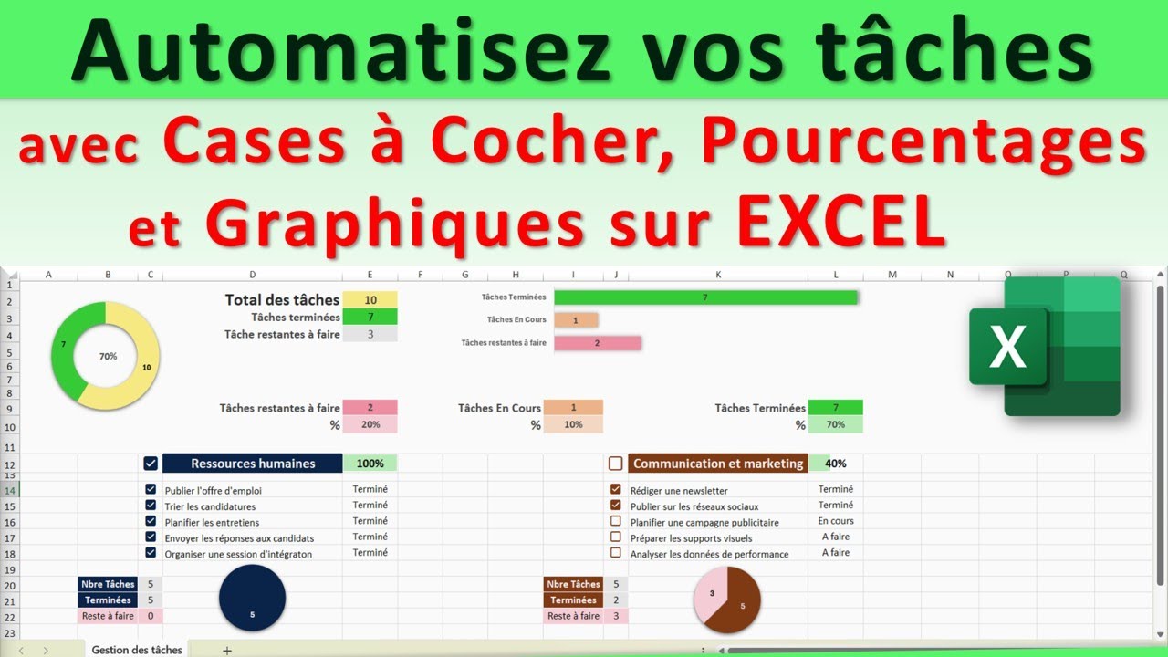 Excel automatiser le suivi des Tâches avec Cases à Cocher, Pourcentages et Graphiques 📊✅