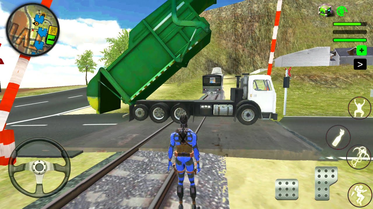 Green Rope Hero Vegas City #4 - Garbage Truck Crossing Railroad - Android Gameplay