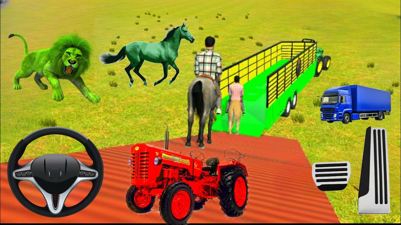 😆Animal Lion,🐅Load On Big Tractor Troli In Stunt Road || #indianvehiclessimulator  #androidgames