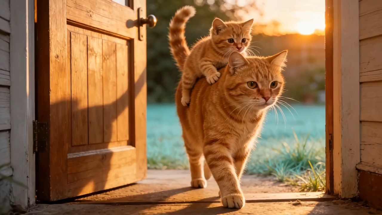 💥Orange tabby mother encouraged her kittens to step out of the house for the first time♥️