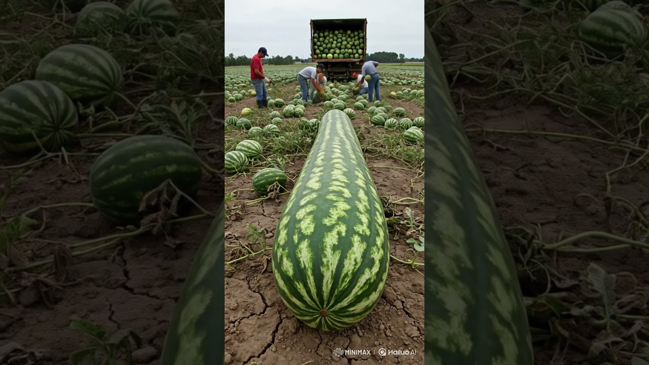 American farmers harvest super long watermelon like train