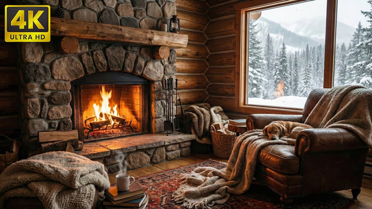 🔥 Relaxing Fireplace Warm Cabin Snowstorm Ambience 4K