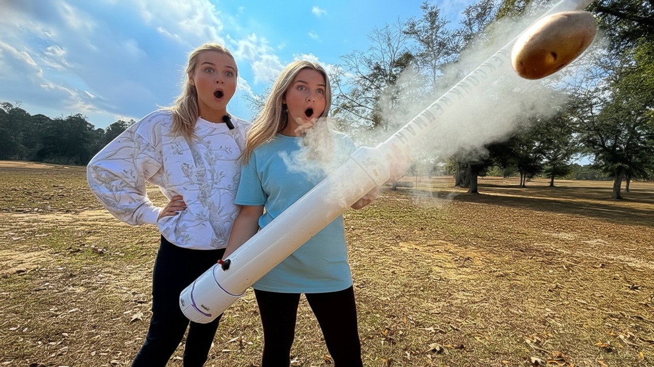 Twin sisters make a backyard potato cannon TOO POWERFUL!! 