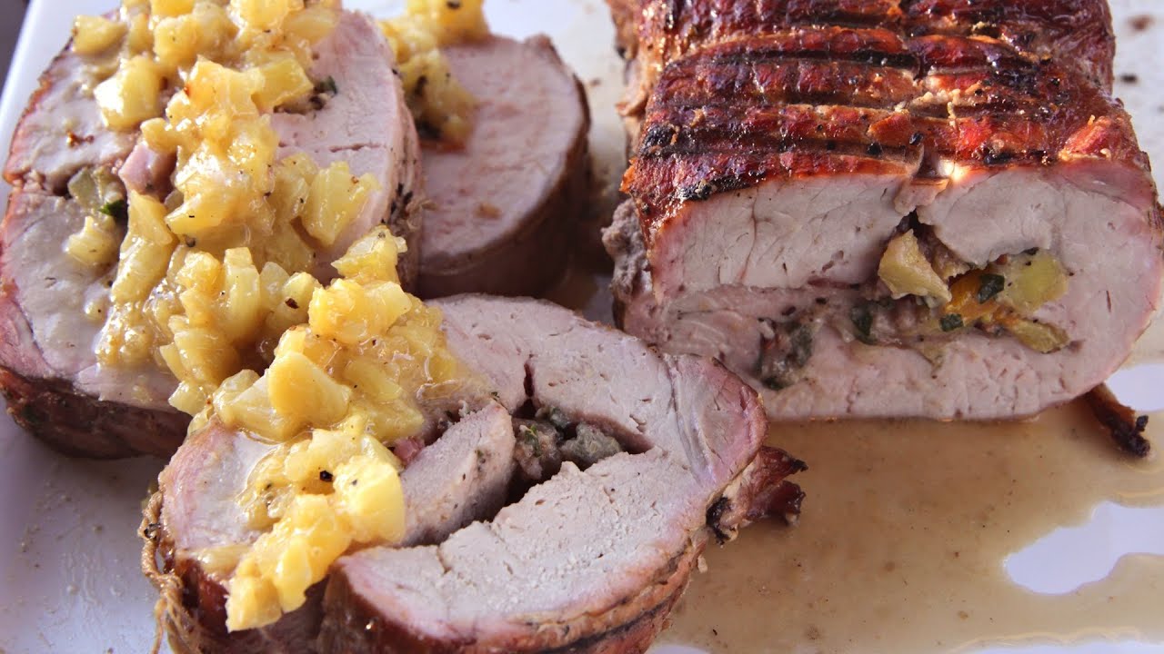 Smoked Stuffed Pork Loin Recipe with pineapple, bacon and brie - on a Kamado Joe Grill
