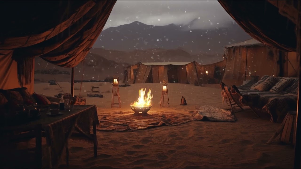 Shelter from a blizzard in this cozy tent — Crackling fire and white noise cozy desert ambience