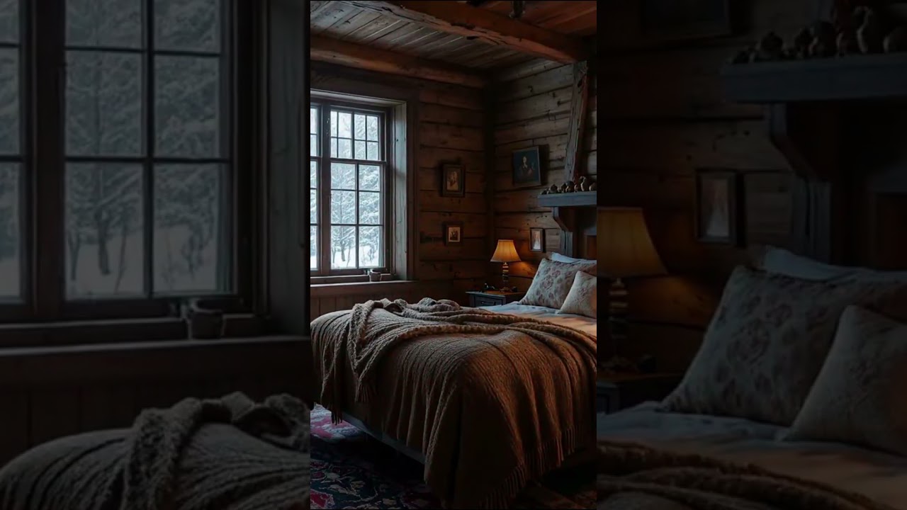 Rustic Cabin Dining Room | Candlelight, Fireplace & Snowy Winter Evening