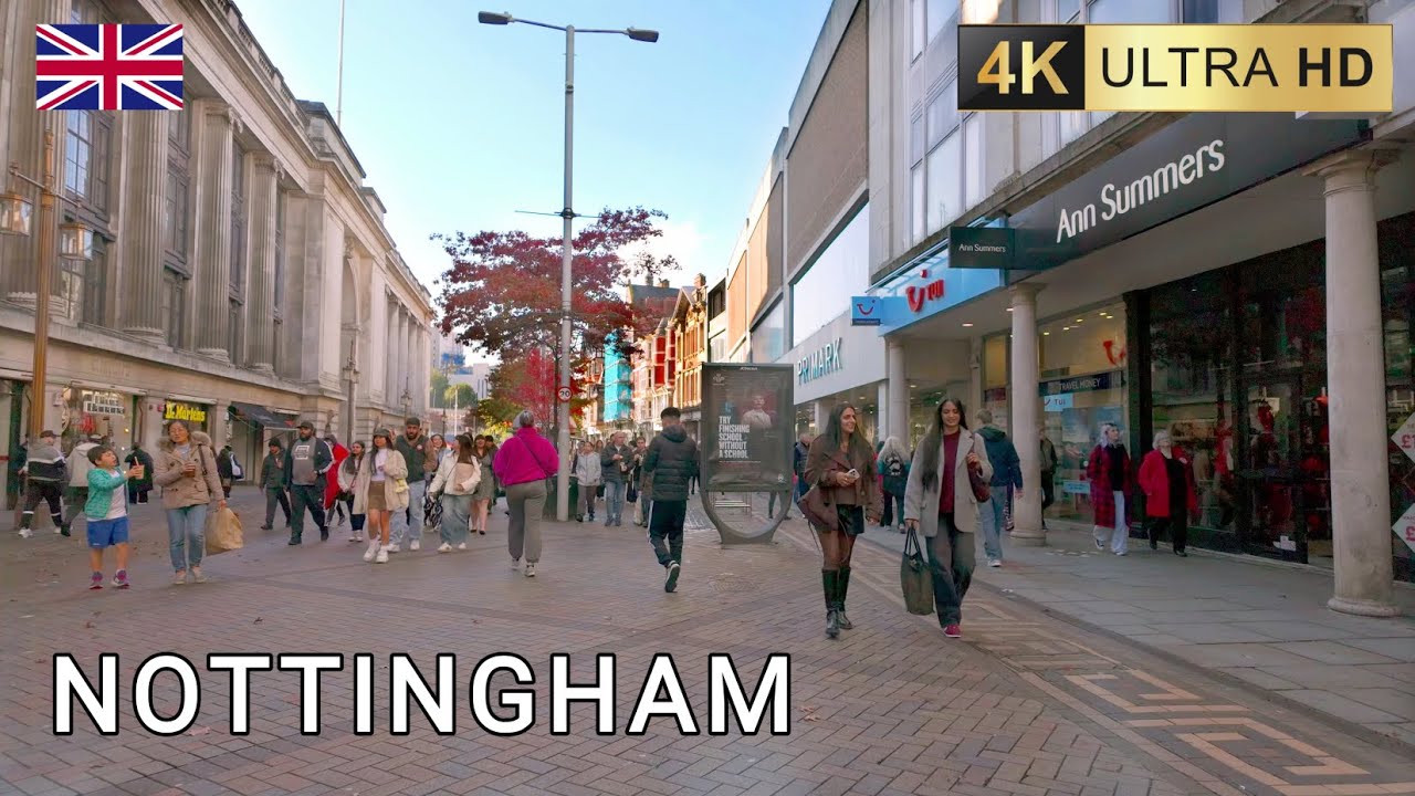 Nottingham City Centre Walk | October Sunshine and Fall Colors [4K60]