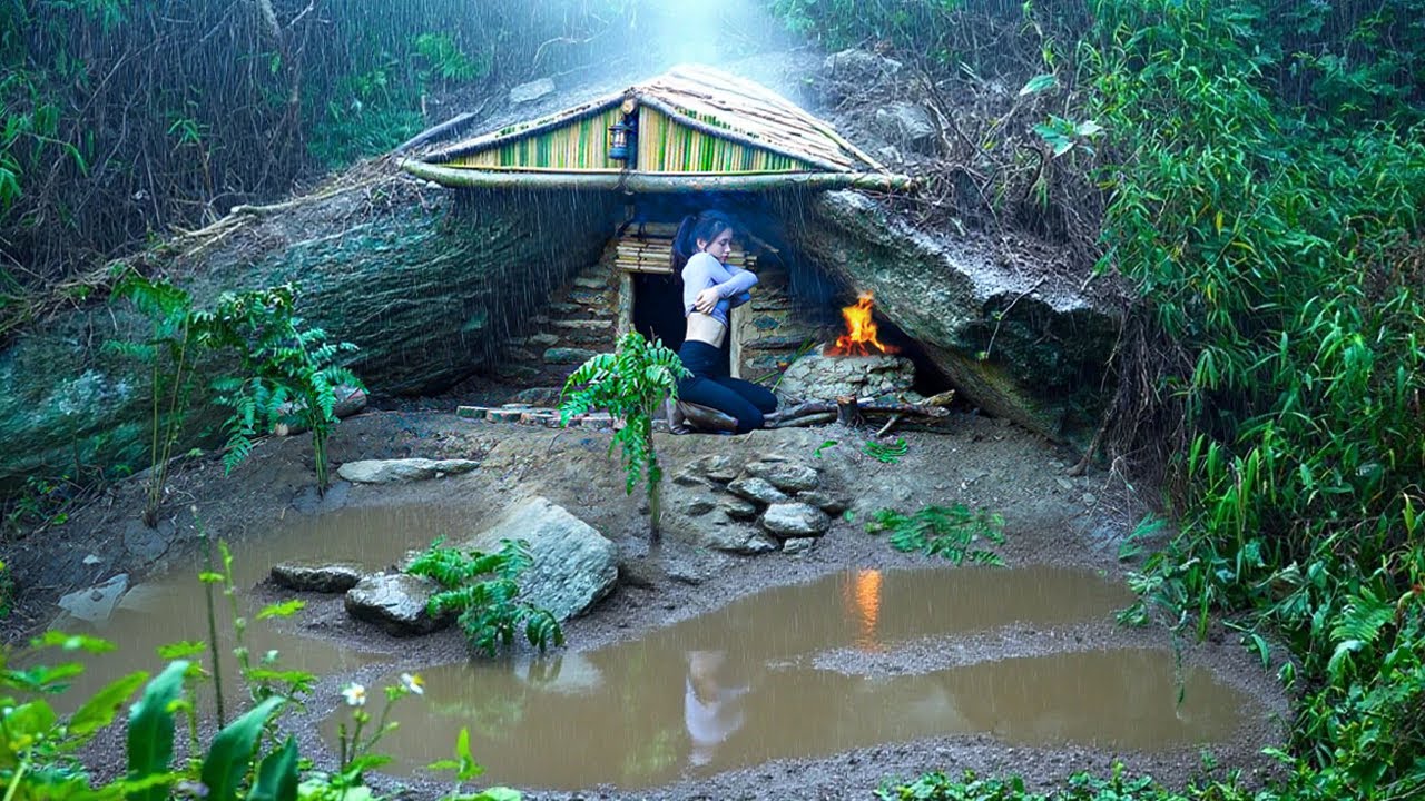 10 Days living in a cave &ndash; Survival alone in the rainy season | Yang bushcraft