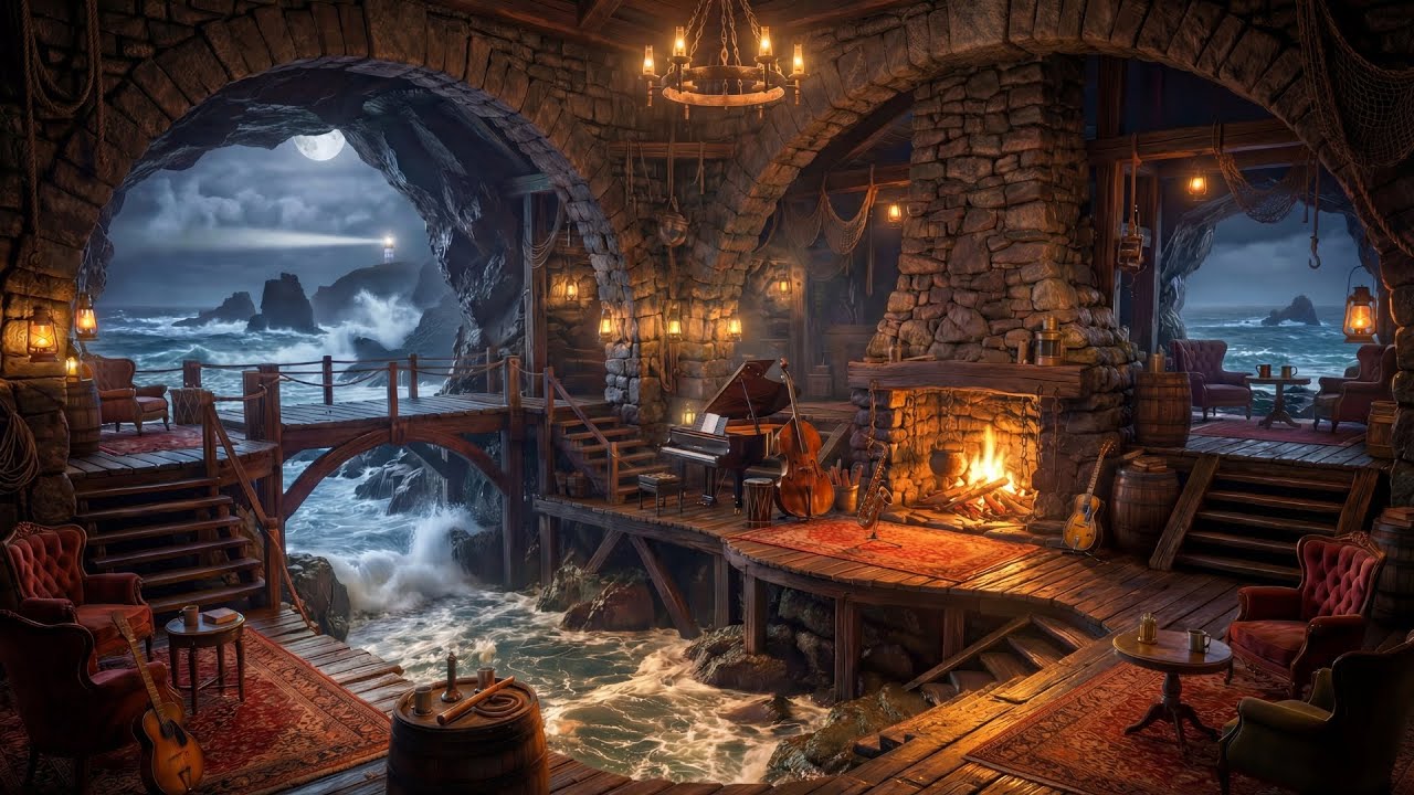 Sea-Cave Grotto Lounge 🌊 Traditional Jazz Band & Fireplace for Reading & Focus | 1 Hour [4K]