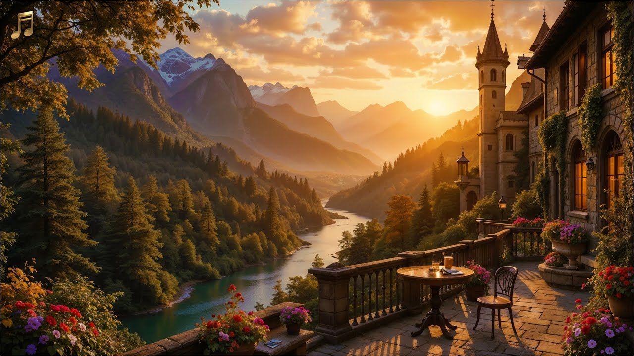 Sunset Castle Terrace by the Mountains 🌅🏰 Ambient Music & Nature Harmony for Deep Relaxation