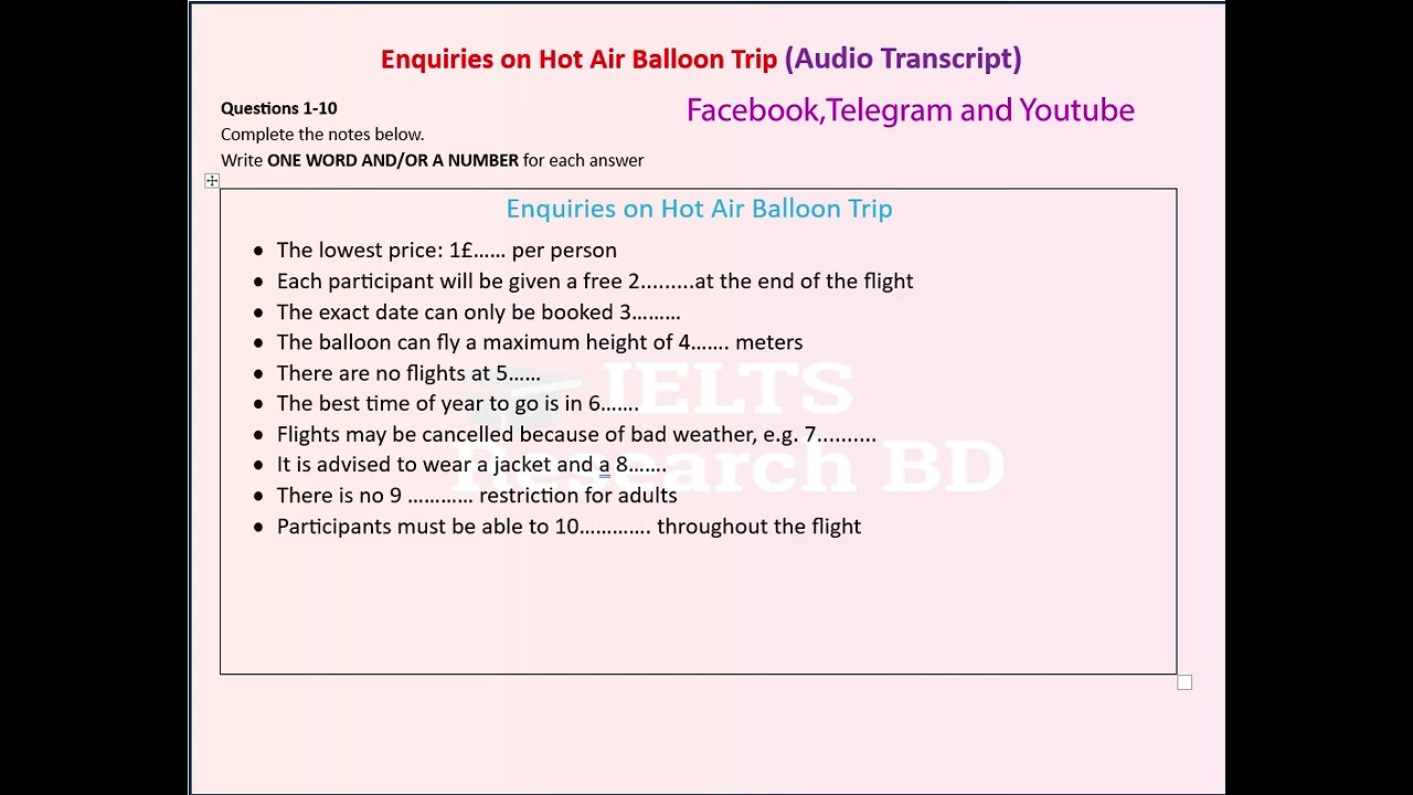 Запросы по теме «Полёт на воздушном шаре, часть 1» Реальное прослушивание IELTS (аудио + транскрипт)
