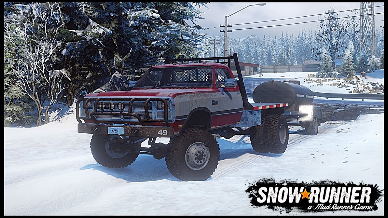 FIRST GEN CUMMINS FLATBED RESCUING STUCK TRAILER IN DEEP SNOW! - SNOWRUNNER