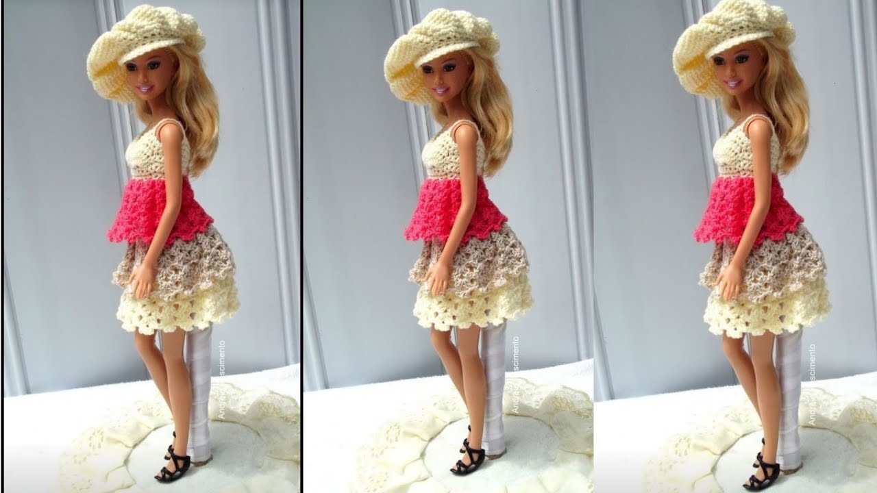 Vestido de crochê com babado para boneca Barbie + arremate