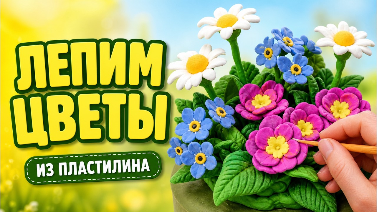 ЦВЕТЫ (РОМАШКА, НЕЗАБУДКА, ПРИМУЛА) на ЛУЖАЙКЕ из лёгкого пластилина
