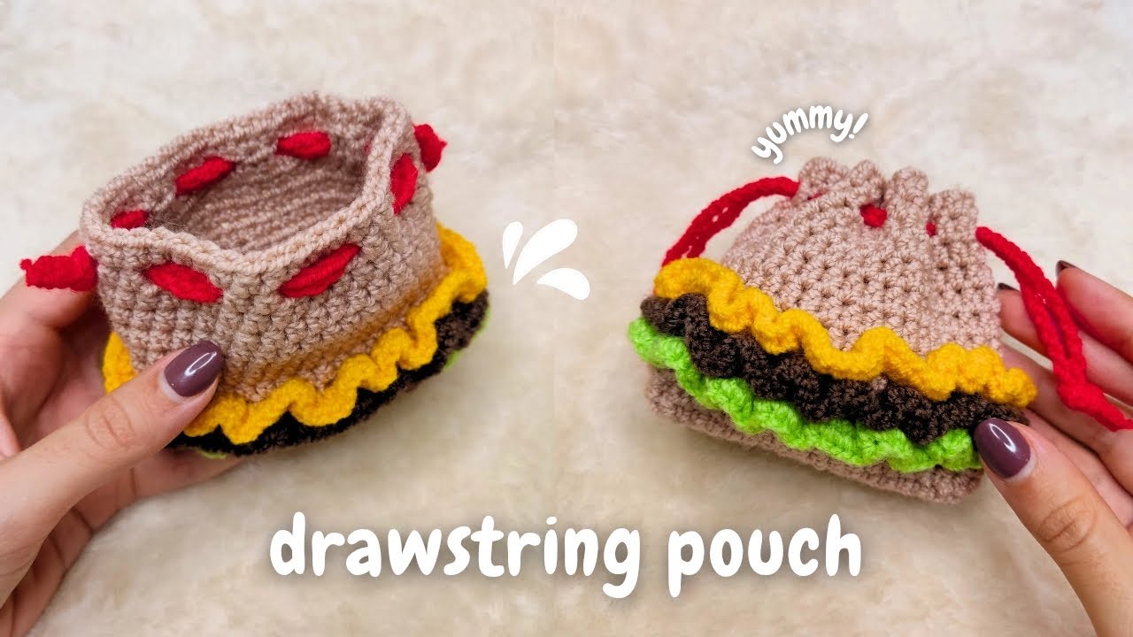 How To Crochet Burger Drawstring Pouch! Beginner Friendly Crochet Tutorial - Crochet Pouch