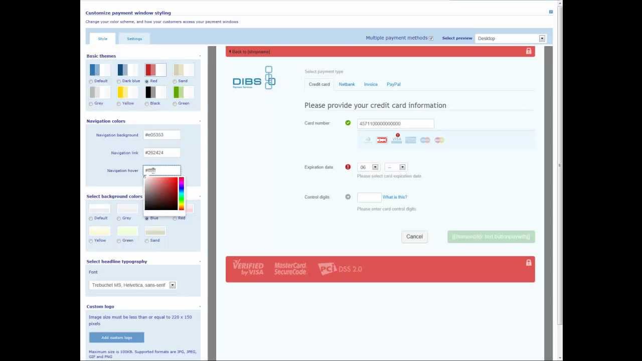 DIBS Payment Window Theme Editor