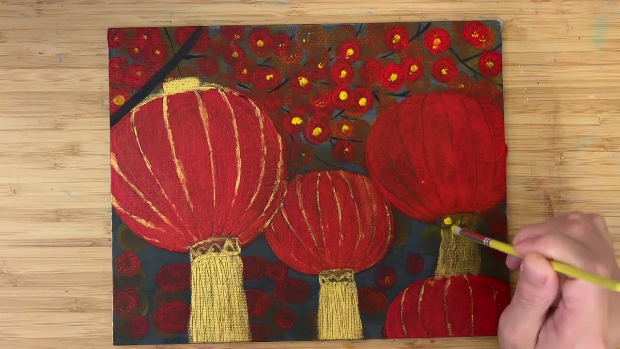Paint a lantern for Chinese Lunar New Year/Acrylic painting/春节大红灯笼/丙烯画