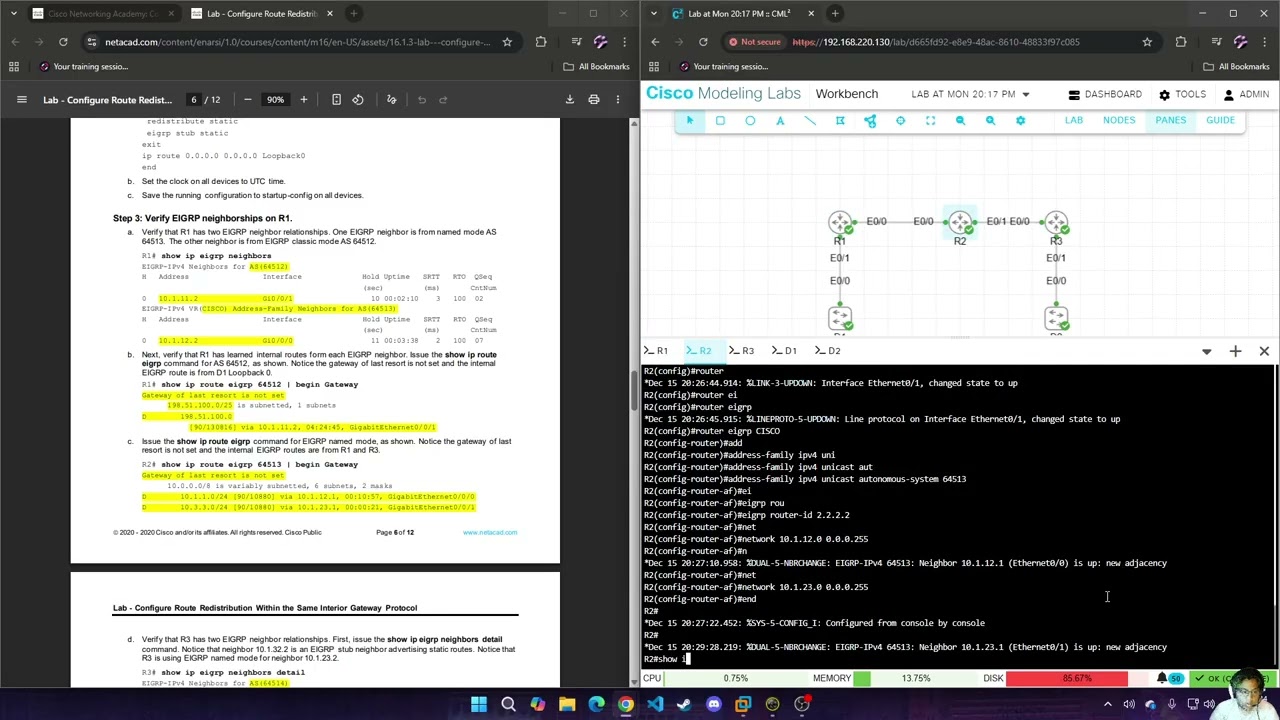 Modul 16 : 16.1.3 Lab - Configure Route Redistribution Within the Same Interior Gateway Protocol