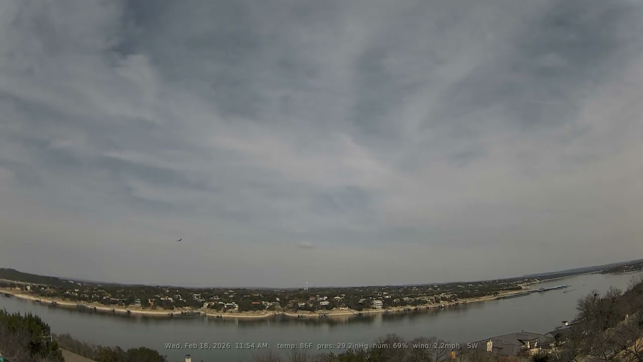 02/18/2026: Lake Travis, Texas (Austin, TX): 4K, 60fps Daily Weather & Boat Traffic Timelapse Video