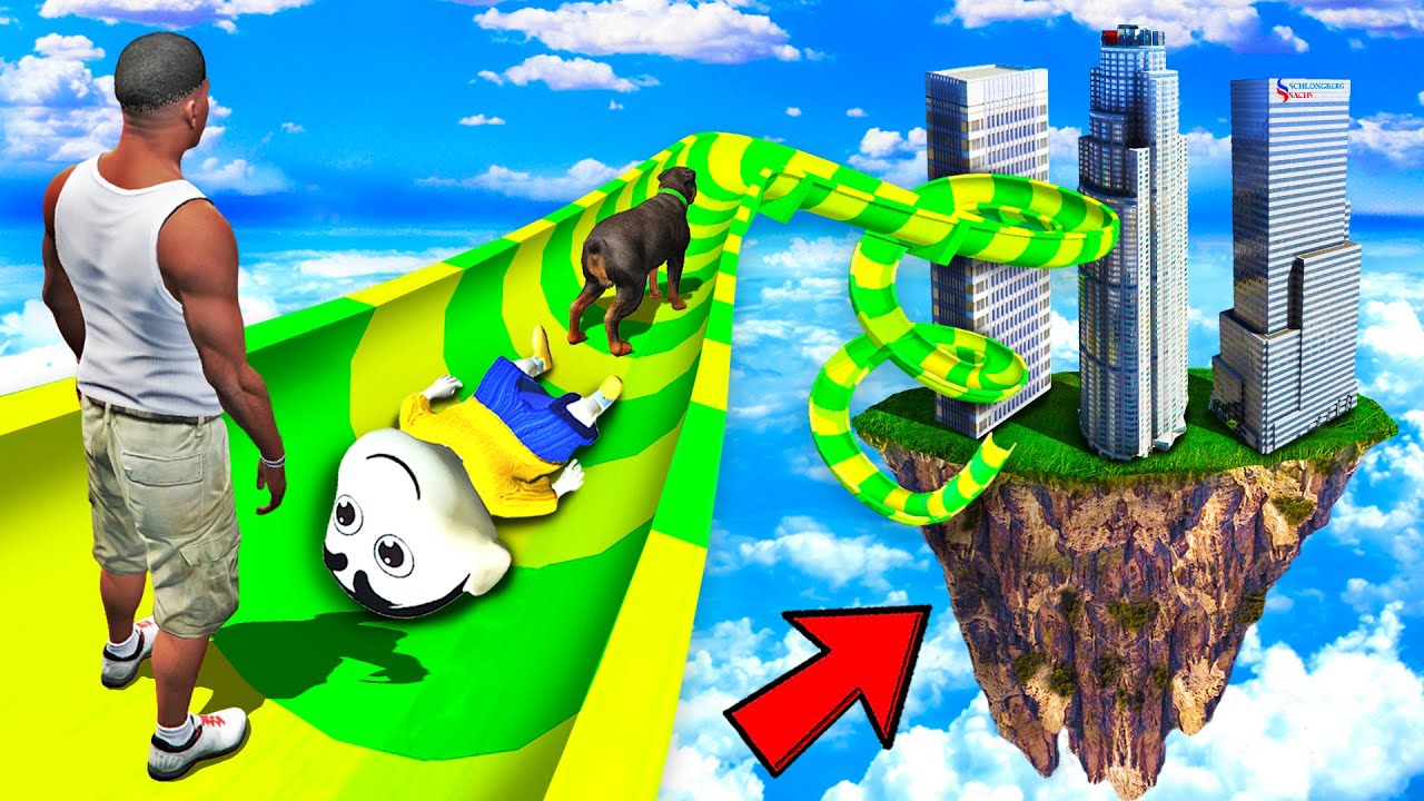 SHINCHAN AND FRANKLIN TRIED THE HIGHEST & MASSIVE WATER SLIDE FLYING ISLAND BUILDING CHALLENGE GTA 5