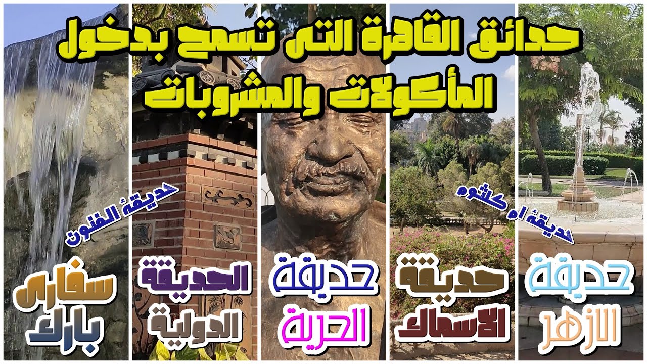 حديقة الازهر -  حديقة الاسماك - حديقة الحرية - الحديقة الدولية - سفارى بارك - حديقة الفنون وام كلثوم