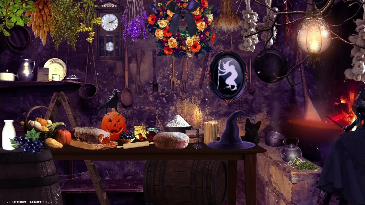 WITCH'S KITCHEN AUTUMN AMBIENCE★RUSTIC KITCHEN, PUMPKINS, CAULDRON, CRACKING FIRE🎃🌽🌻🥘🐈&zwj;⬛💜