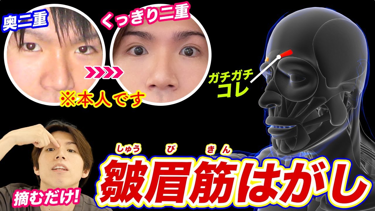 【皺眉筋はがし】奥二重がくっきり二重に変わる！まぶたが厚い・重い一重の人はやってみて