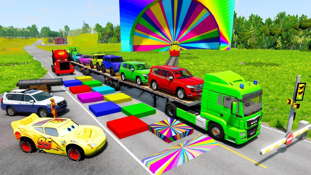 Грузовик с платформой McQueen Transportation с грузовиком - Выбоина против машины №9 BeamNG.Drive...