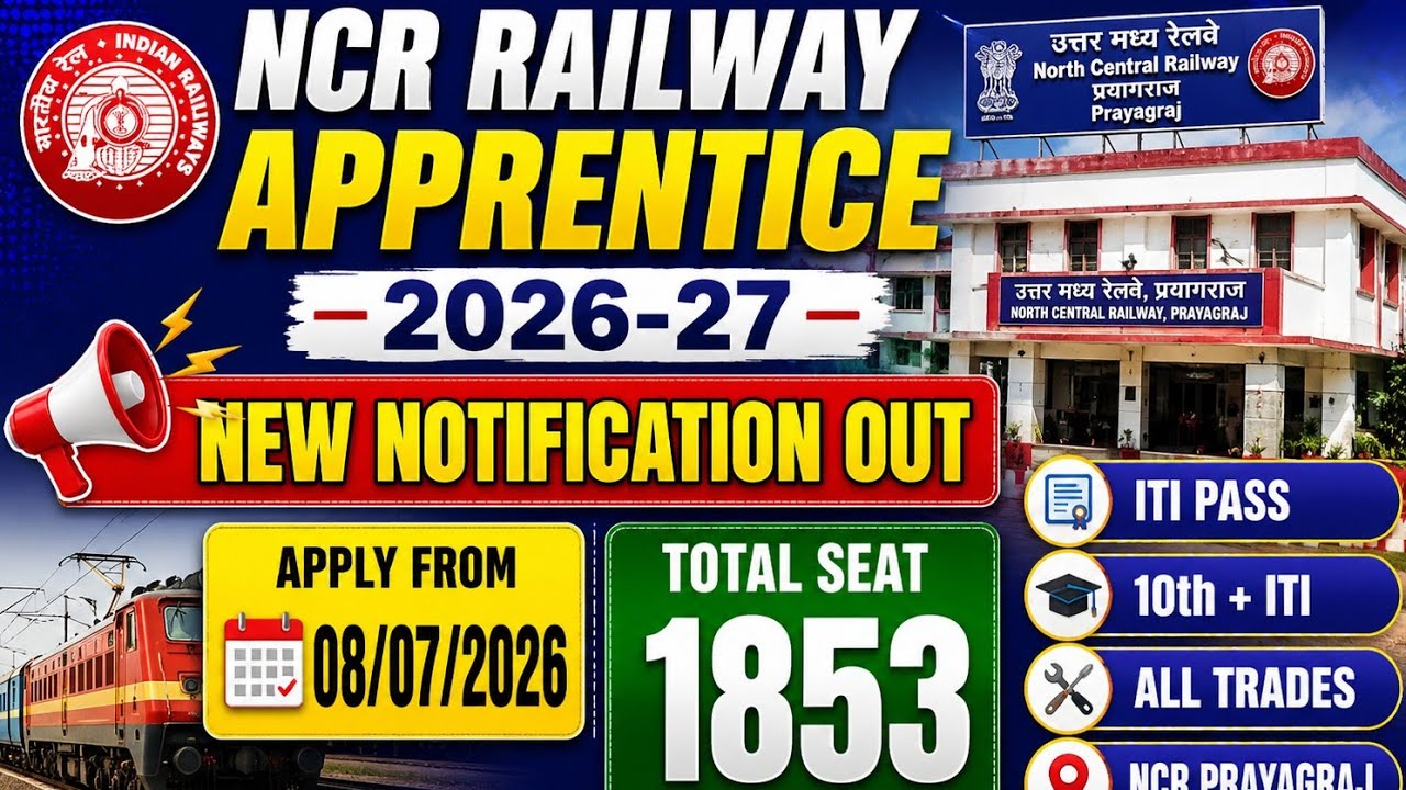 NCR Railway Apprentice 2026-27 Notification Out | 1853 Vacancy | Agra Prayagraj Jhansi | Apply From