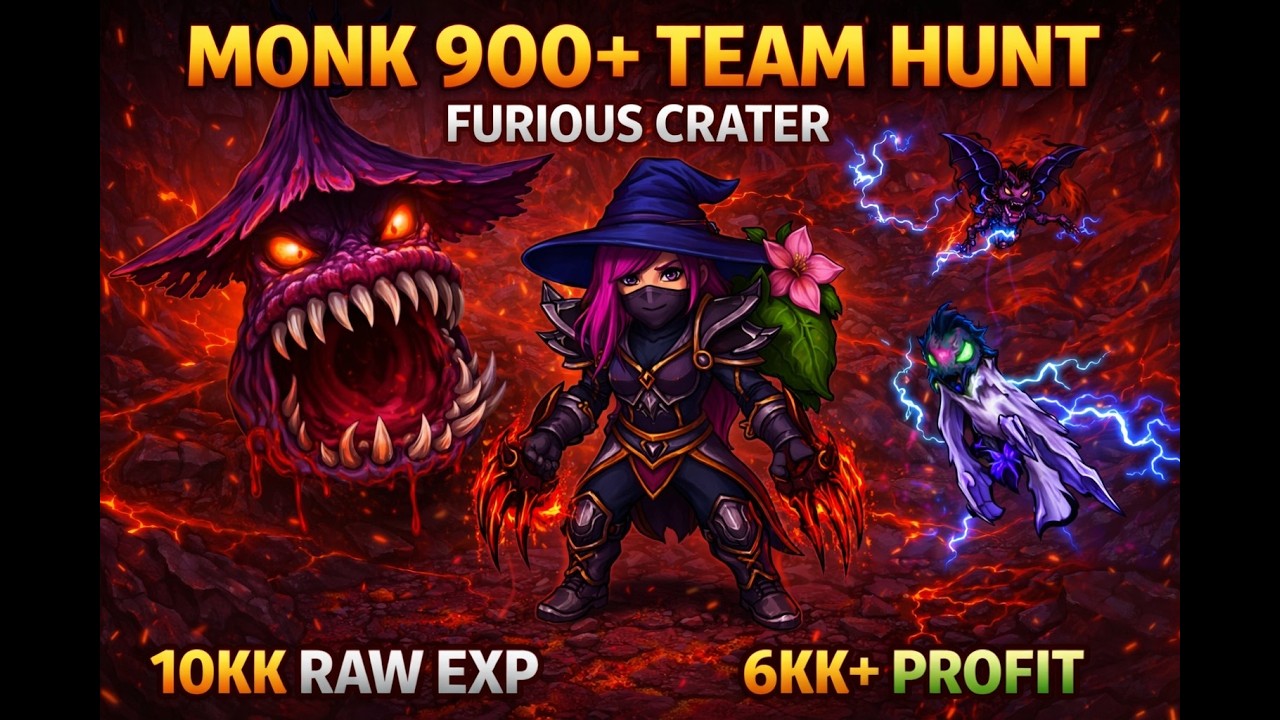 Tibia - MONK 900+ TEAM HUNT | Furious Crater (Cloak of Terror Spawn)
