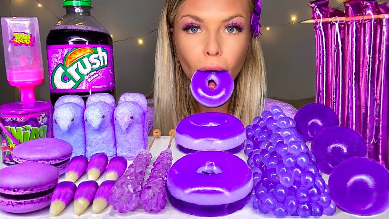 ASMR *PURPLE FOOD* JELLY DONUT, PEEPS, CANDY CORN, POPPING BOBA, ROCK CANDY, GRAPE CRUSH MUKBANG 먹방