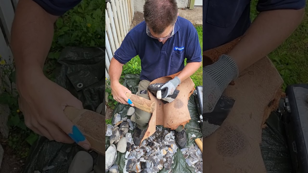 Setting up a bladecore from a raw flintnodule. Creating 2 ridges.