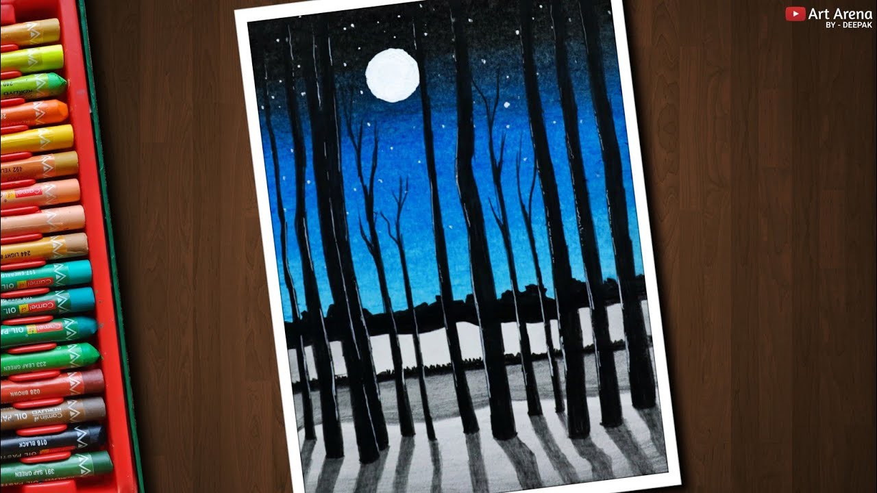 Drawing for Beginners with Oil Pastels - Moonlight Forest Scenery - Step by Step