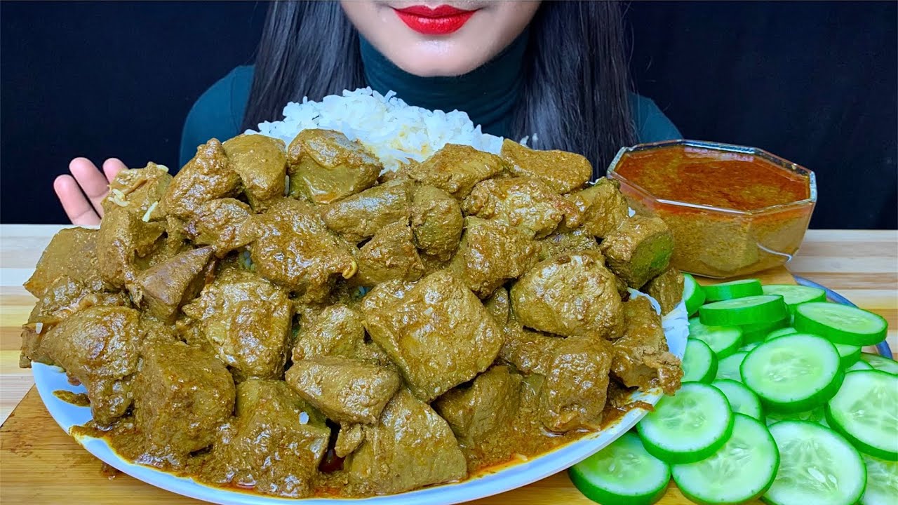 ASMR EATING SPICY MUTTON LIVER CURRY WITH WHITE RICE+SALAD+MUTTON GRAVY || MUKBANG EATING SHOW