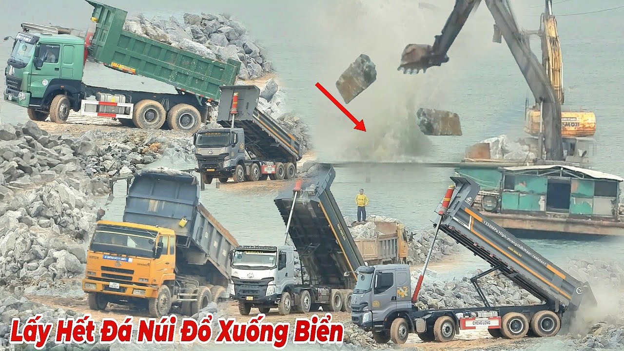 đường vượt biển Hà Tiên hôm nay Tấp Nập Xe Tải Lớn Chở Đá Khủng,Đổ Ầm Ầm Xuống Biển.